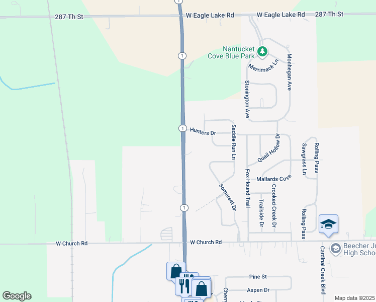 map of restaurants, bars, coffee shops, grocery stores, and more near 29145 Dixie Hwy in Beecher