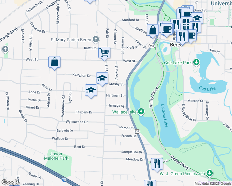 map of restaurants, bars, coffee shops, grocery stores, and more near 78 Hartman Street in Berea