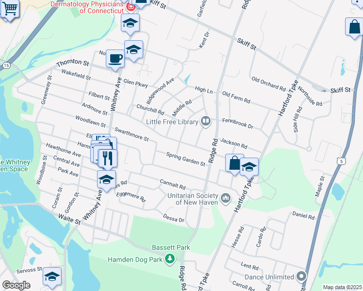 map of restaurants, bars, coffee shops, grocery stores, and more near 185 Santa Fe Avenue in Hamden