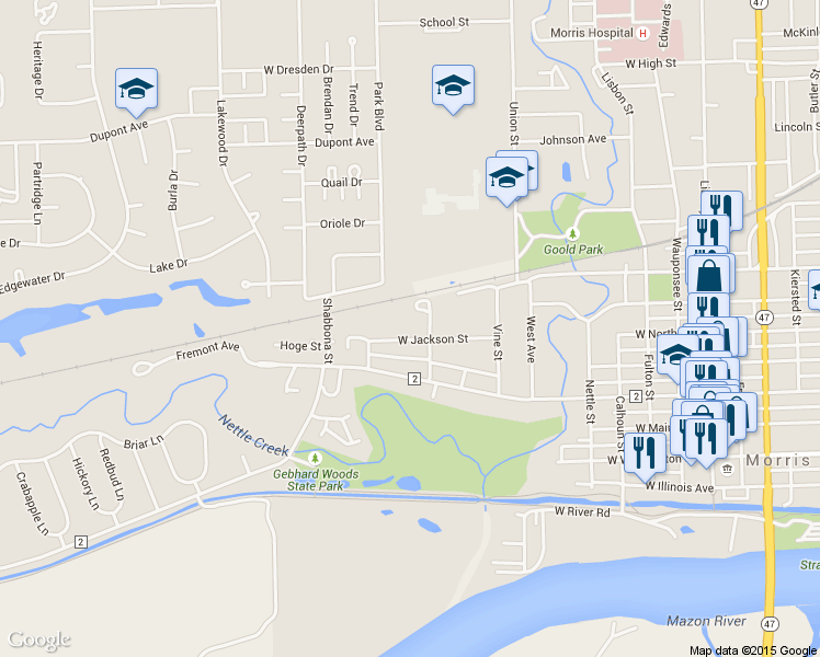 map of restaurants, bars, coffee shops, grocery stores, and more near 822 West Jackson Street in Morris