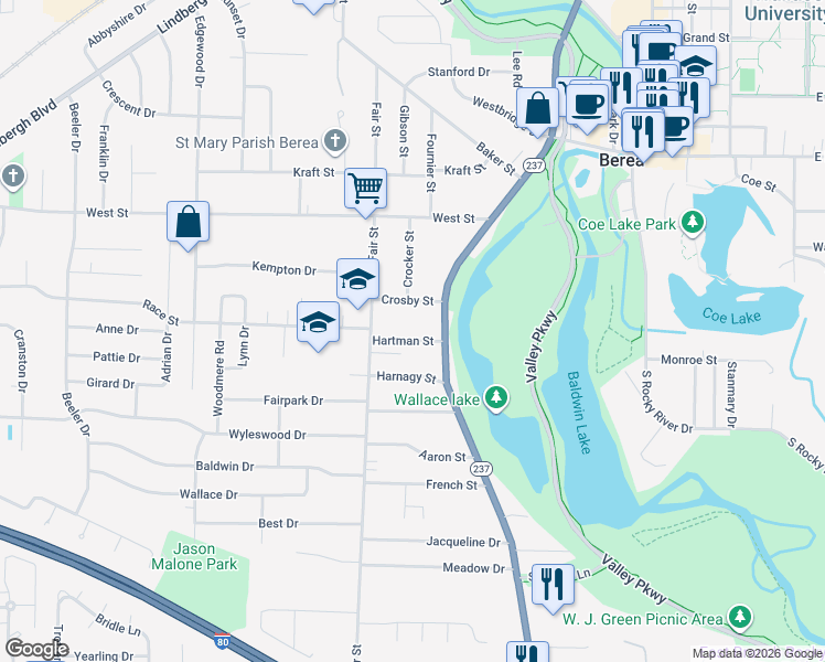 map of restaurants, bars, coffee shops, grocery stores, and more near 78 Hartman Street in Berea