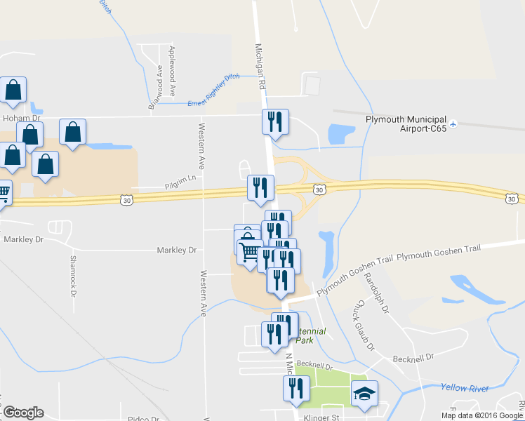 map of restaurants, bars, coffee shops, grocery stores, and more near 2229 N Michigan St in Plymouth