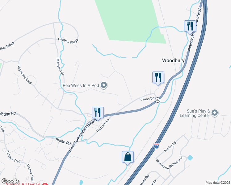 map of restaurants, bars, coffee shops, grocery stores, and more near 6 Ice House Road in Woodbury