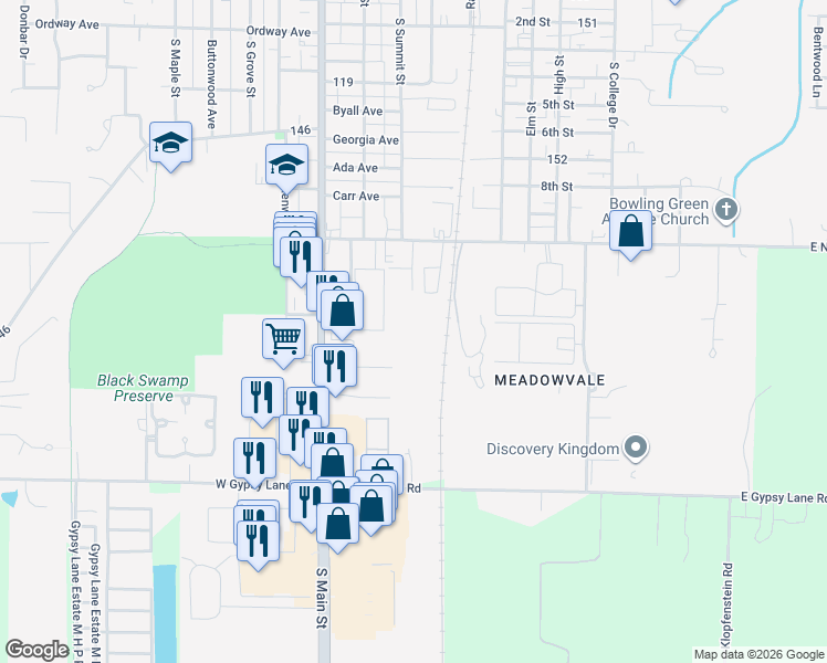 map of restaurants, bars, coffee shops, grocery stores, and more near 967 South Main Street in Bowling Green