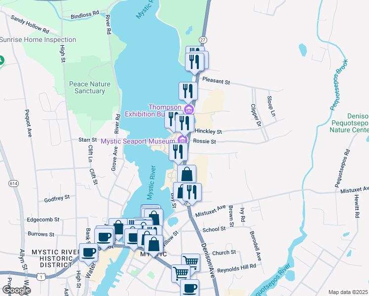 map of restaurants, bars, coffee shops, grocery stores, and more near 75 Greenmanville Avenue in Stonington
