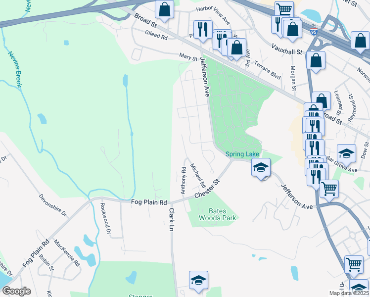 map of restaurants, bars, coffee shops, grocery stores, and more near 108 Michael Road in New London