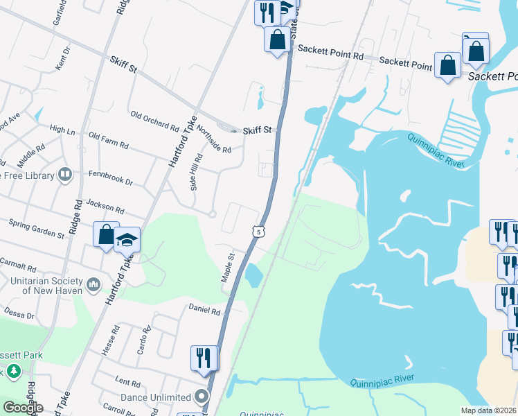 map of restaurants, bars, coffee shops, grocery stores, and more near 2965 State Street in Hamden
