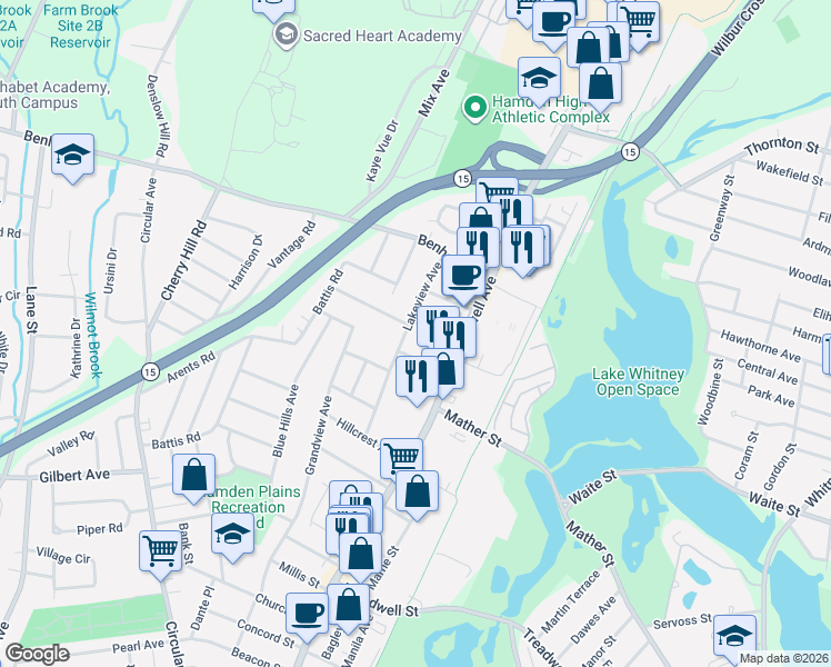 map of restaurants, bars, coffee shops, grocery stores, and more near 49 Red Rock Terrace in Hamden