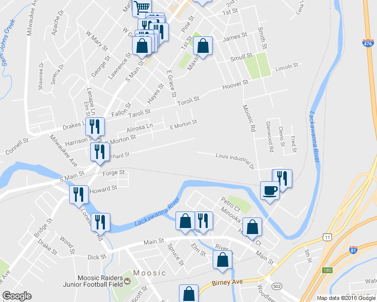 map of restaurants, bars, coffee shops, grocery stores, and more near 357 Orchard Street in Old Forge