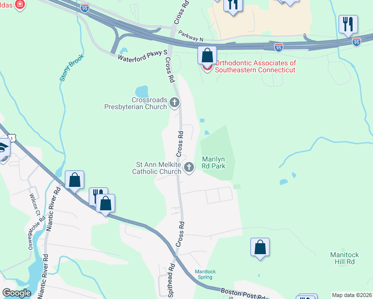 map of restaurants, bars, coffee shops, grocery stores, and more near 51 Cross Road in Waterford
