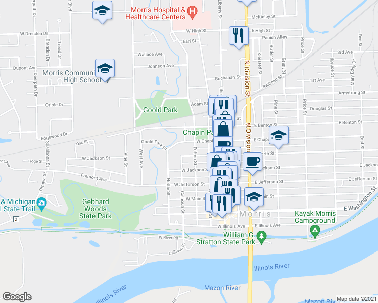 map of restaurants, bars, coffee shops, grocery stores, and more near 304 West North Street in Morris