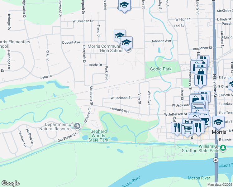 map of restaurants, bars, coffee shops, grocery stores, and more near 822 West Jackson Street in Morris