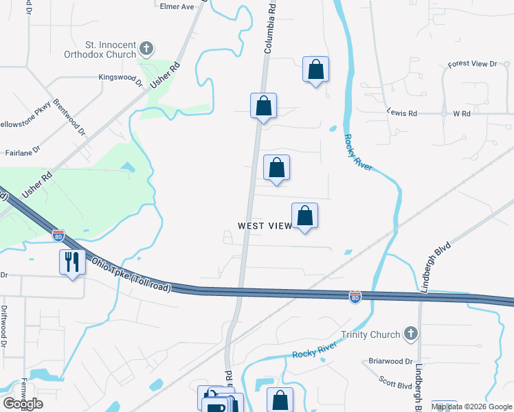map of restaurants, bars, coffee shops, grocery stores, and more near 9051 Columbia Road in Olmsted Falls