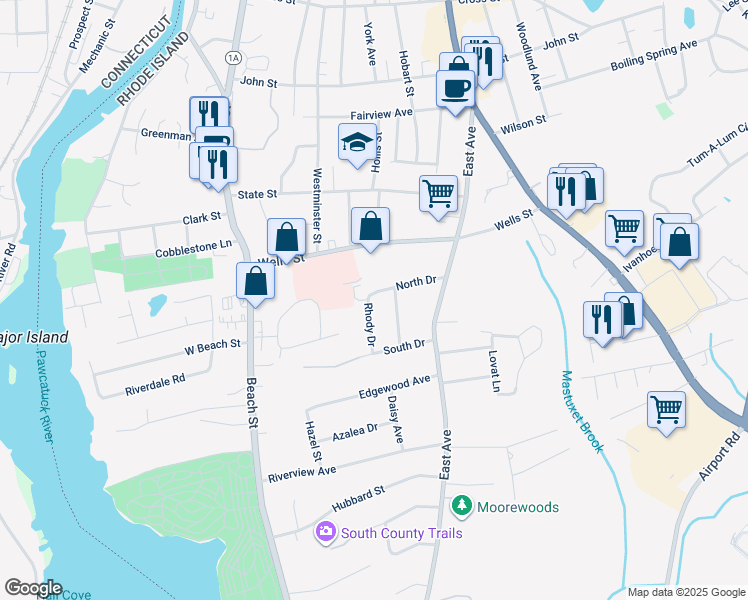 map of restaurants, bars, coffee shops, grocery stores, and more near 2 Rhody Drive in Westerly