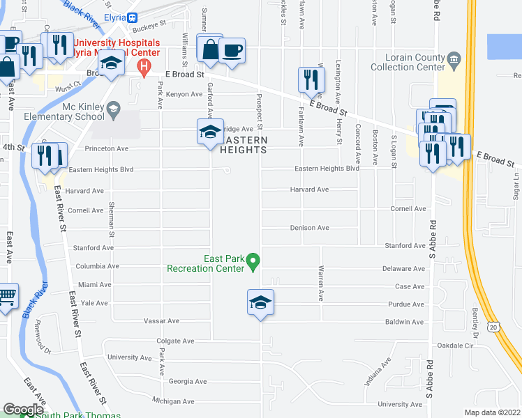 map of restaurants, bars, coffee shops, grocery stores, and more near 500 Cornell Avenue in Elyria