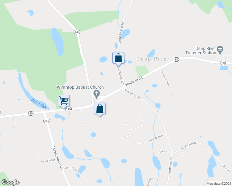 map of restaurants, bars, coffee shops, grocery stores, and more near 453 Winthrop Road in Deep River