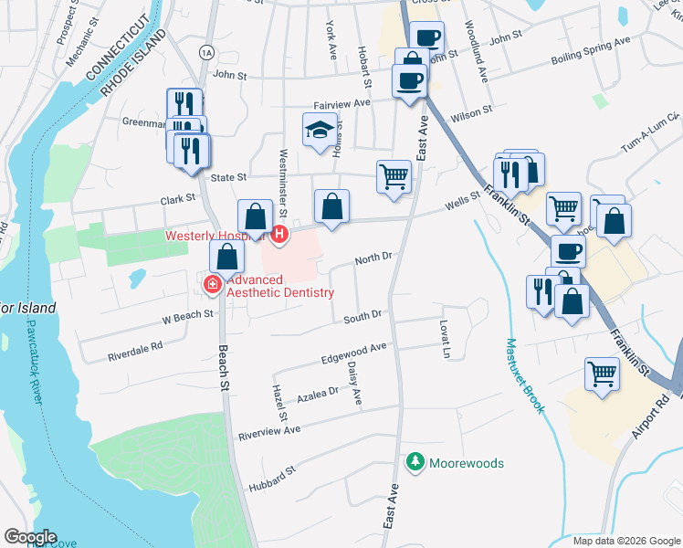 map of restaurants, bars, coffee shops, grocery stores, and more near 5 Connors Avenue in Westerly