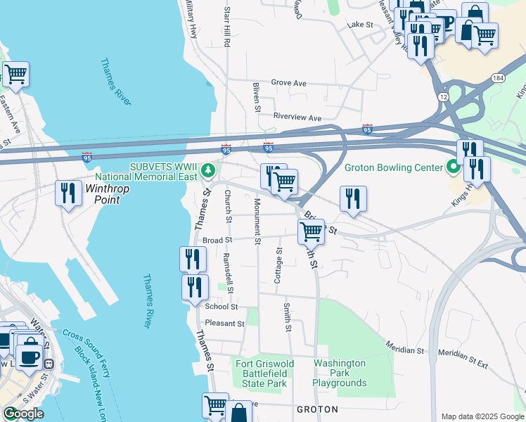 map of restaurants, bars, coffee shops, grocery stores, and more near 65 Spicer Avenue in Groton