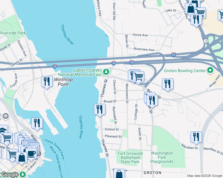 map of restaurants, bars, coffee shops, grocery stores, and more near 57 Church Street in Groton