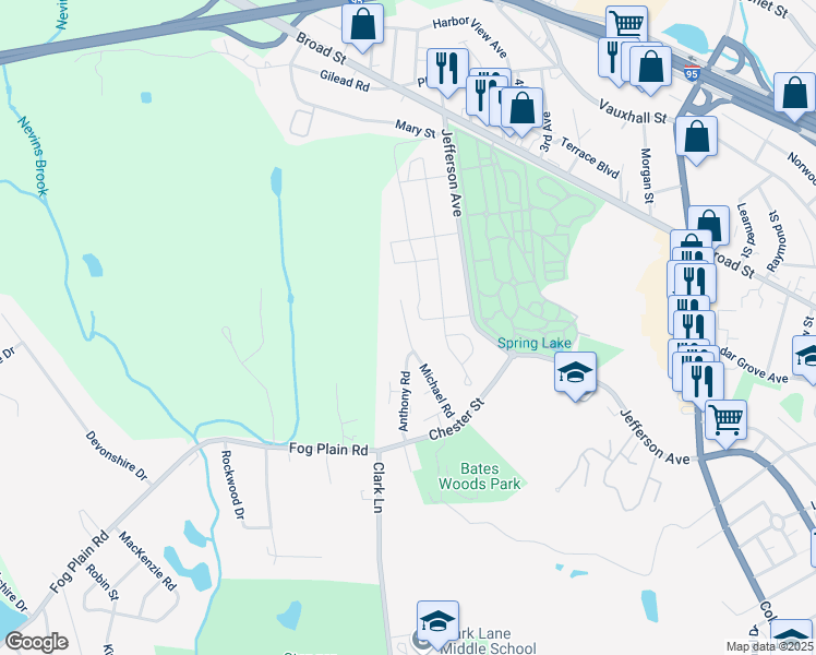 map of restaurants, bars, coffee shops, grocery stores, and more near 108 Michael Road in New London