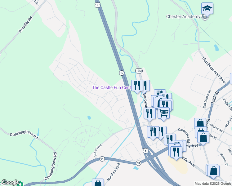 map of restaurants, bars, coffee shops, grocery stores, and more near 1808 Whispering Hills Drive in Chester