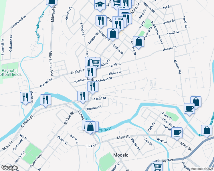 map of restaurants, bars, coffee shops, grocery stores, and more near 195 Orchard Street in Old Forge
