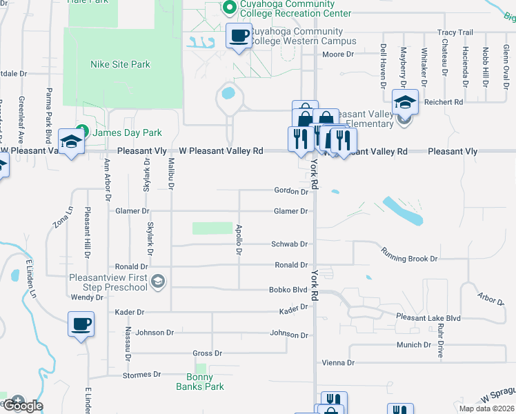 map of restaurants, bars, coffee shops, grocery stores, and more near 11011 Glamer Drive in Parma
