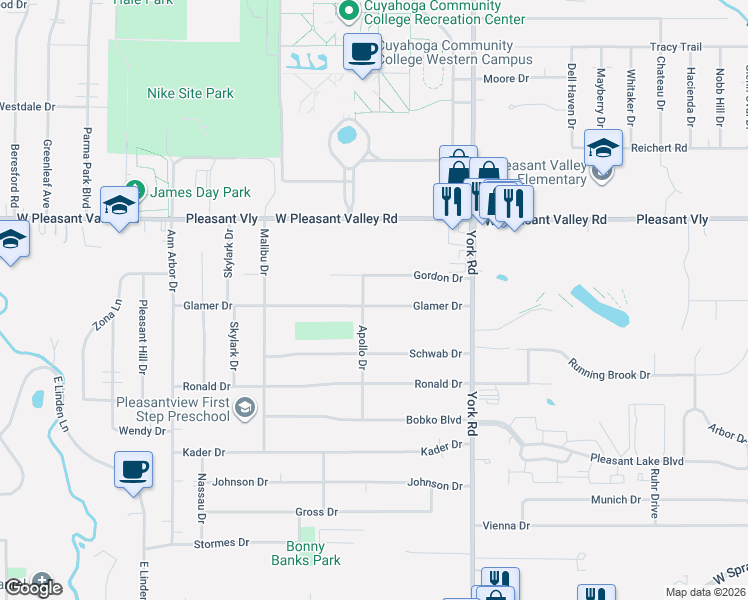 map of restaurants, bars, coffee shops, grocery stores, and more near 11011 Glamer Drive in Parma