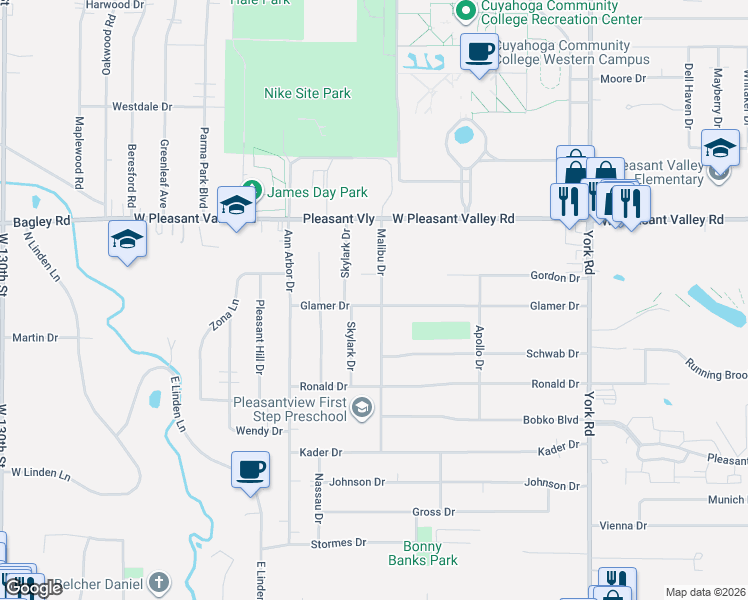 map of restaurants, bars, coffee shops, grocery stores, and more near 11705 Glamer Drive in Parma