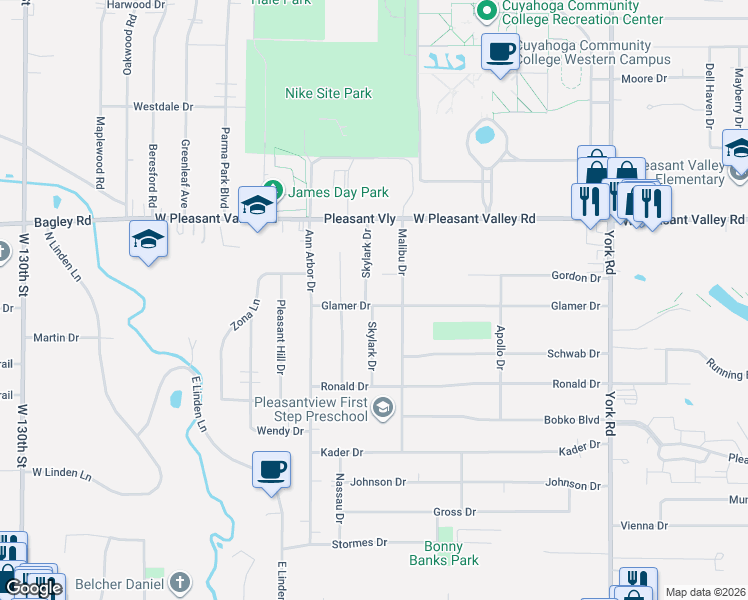 map of restaurants, bars, coffee shops, grocery stores, and more near 11705 Glamer Drive in Parma