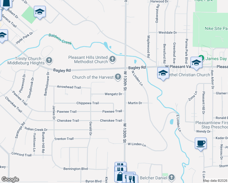 map of restaurants, bars, coffee shops, grocery stores, and more near 13121 Wengatz Drive in Middleburg Heights