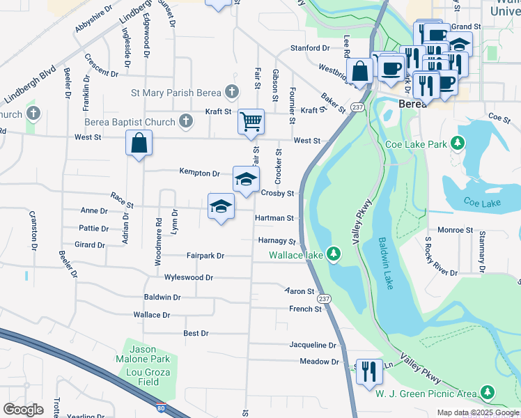 map of restaurants, bars, coffee shops, grocery stores, and more near 417 Fair Street in Berea