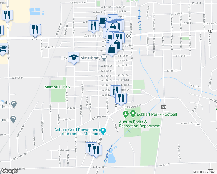 map of restaurants, bars, coffee shops, grocery stores, and more near 110 West 18th Street in Auburn