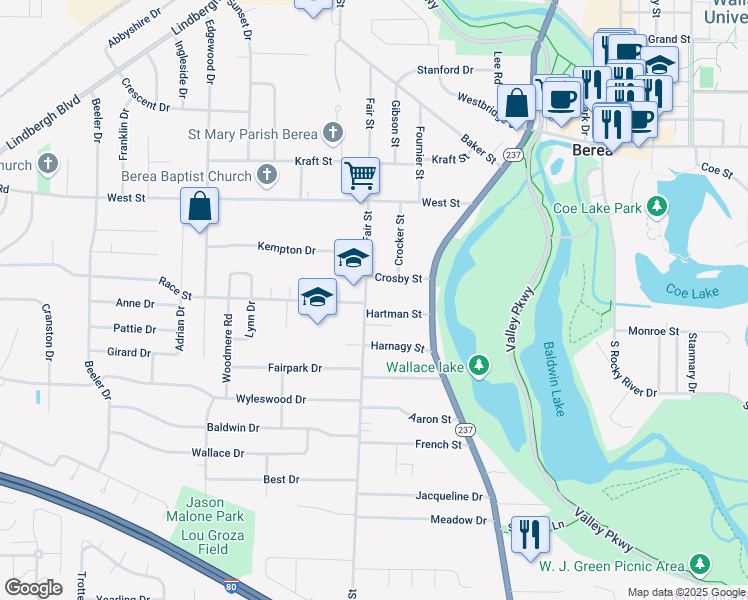 map of restaurants, bars, coffee shops, grocery stores, and more near 417 Fair Street in Berea