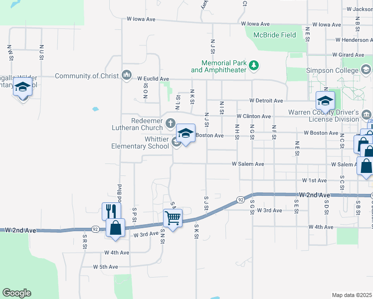 map of restaurants, bars, coffee shops, grocery stores, and more near 1306 West Salem Avenue in Indianola