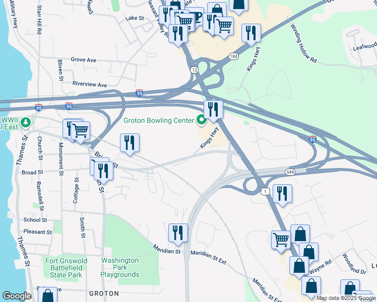 map of restaurants, bars, coffee shops, grocery stores, and more near 3 Kings Highway in Groton