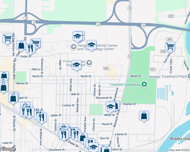 map of restaurants, bars, coffee shops, grocery stores, and more near 1100 North Street in Fremont