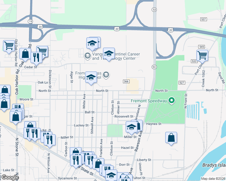 map of restaurants, bars, coffee shops, grocery stores, and more near 1100 North Street in Fremont