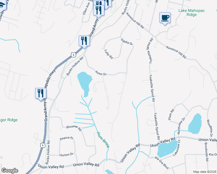 map of restaurants, bars, coffee shops, grocery stores, and more near 19 Nottingham Way in Mahopac