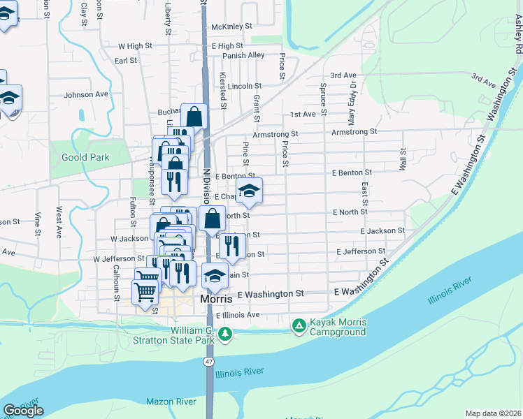 map of restaurants, bars, coffee shops, grocery stores, and more near 505 East North Street in Morris