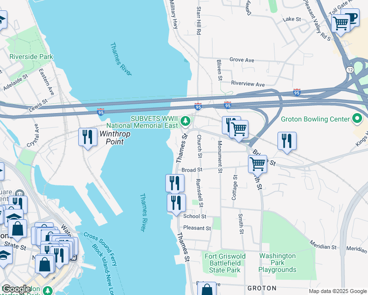 map of restaurants, bars, coffee shops, grocery stores, and more near 53 Thames Street in Groton