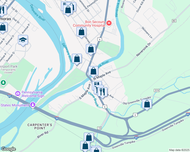 map of restaurants, bars, coffee shops, grocery stores, and more near 19 North Maple Avenue in Port Jervis