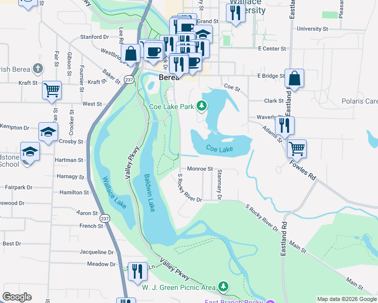map of restaurants, bars, coffee shops, grocery stores, and more near 37 Monroe Street in Berea