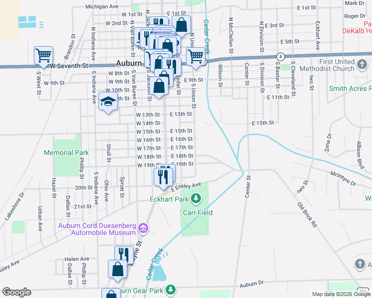 map of restaurants, bars, coffee shops, grocery stores, and more near 116 East 18th Street in Auburn