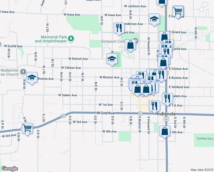 map of restaurants, bars, coffee shops, grocery stores, and more near 501 West Ashland Avenue in Indianola