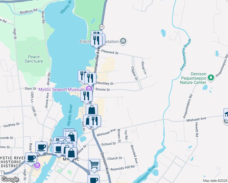 map of restaurants, bars, coffee shops, grocery stores, and more near 28 Bruggeman Place in Stonington