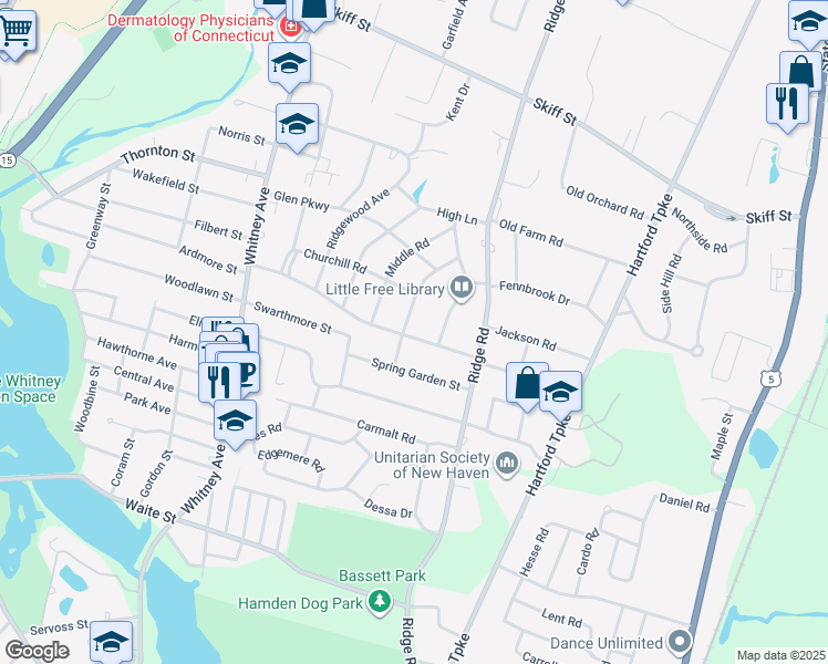 map of restaurants, bars, coffee shops, grocery stores, and more near 185 Santa Fe Avenue in Hamden