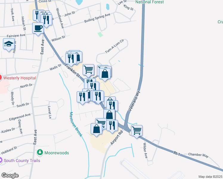 map of restaurants, bars, coffee shops, grocery stores, and more near 100 Franklin Street in Westerly