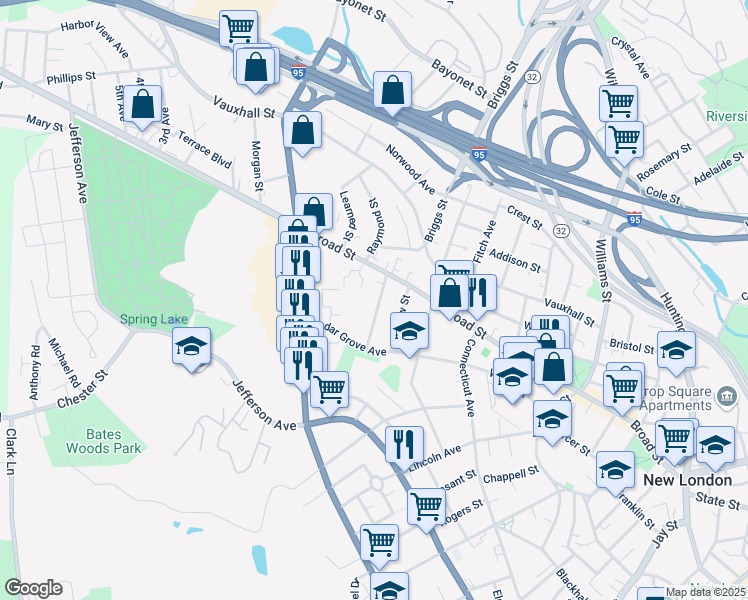 map of restaurants, bars, coffee shops, grocery stores, and more near 44 Georgiana Street in New London