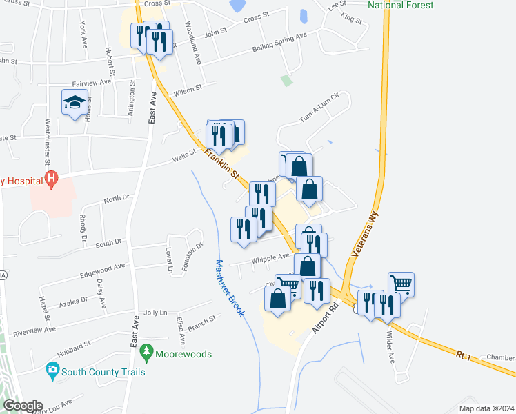 map of restaurants, bars, coffee shops, grocery stores, and more near 95 Franklin Street in Westerly